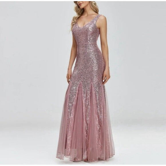 Women’s Pink Evening Dress Ball Gown XL Sequins Stretch Tulle Party Prom NYE - Picture 1 of 14